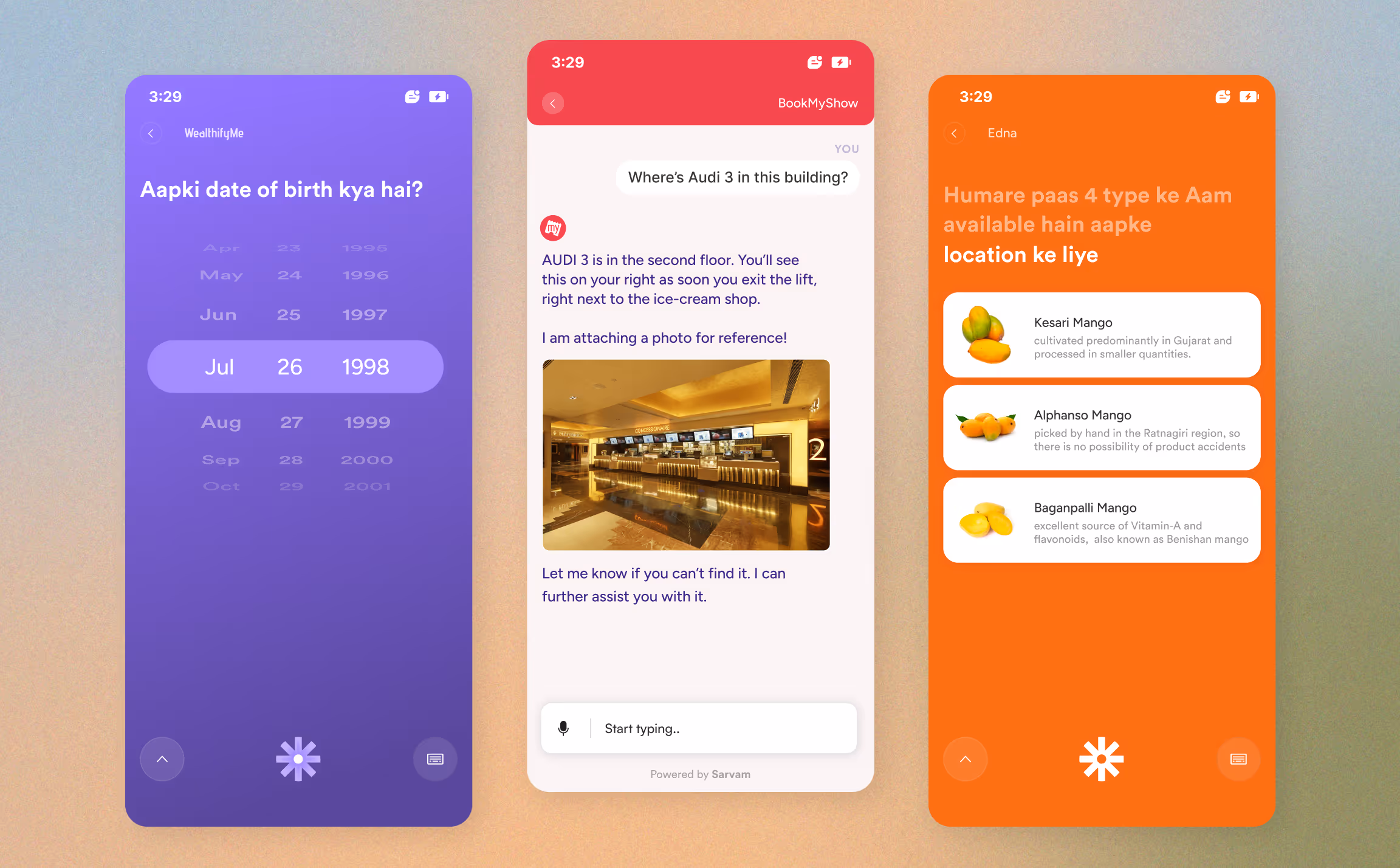Three Indic-language AI assistant screens