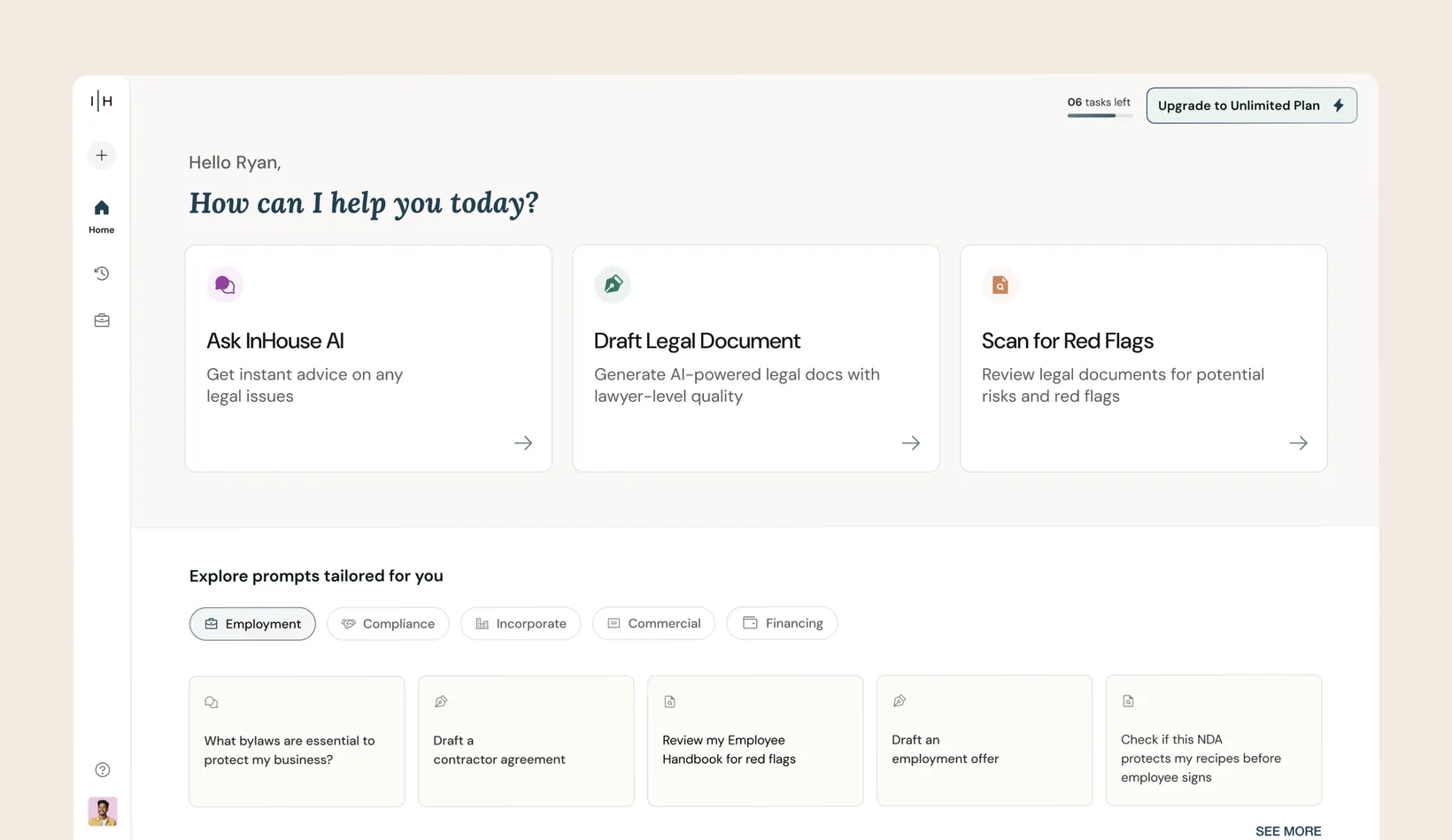 InHouse AI legal assistant dashboard