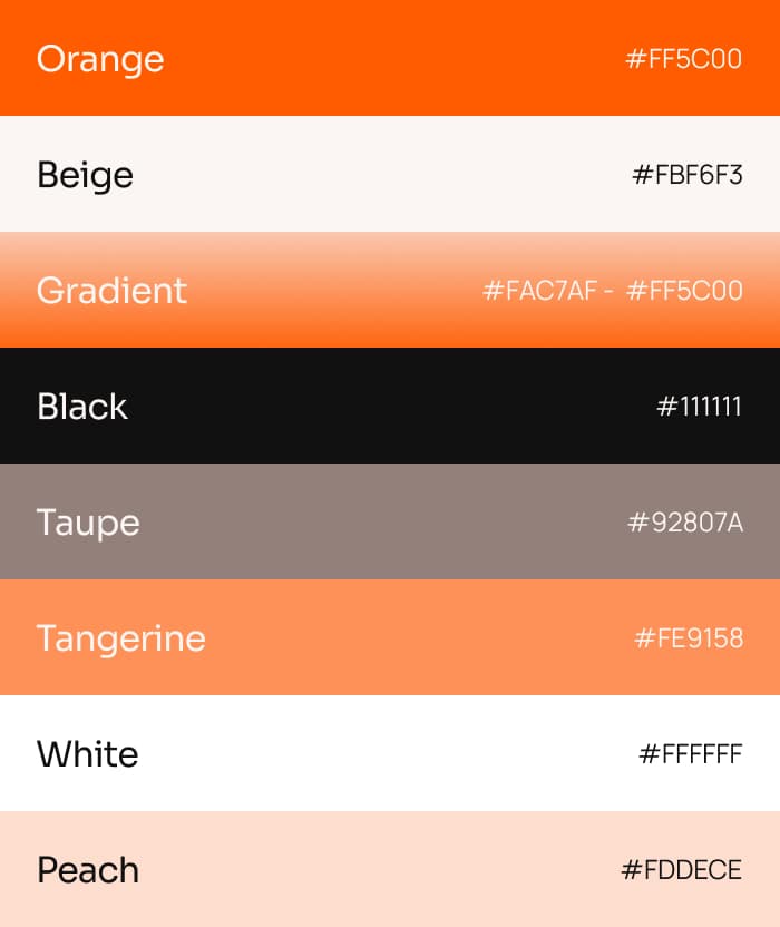Anthriq colour palette: orange, beige, gradient, black, taupe, tangerine, white, peach