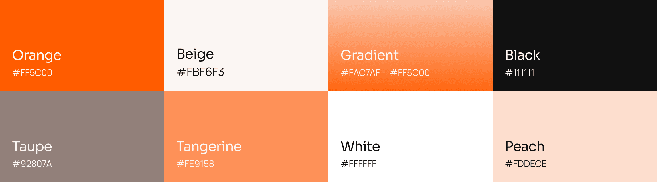 Anthriq colour palette: orange, beige, gradient, black, taupe, tangerine, white, peach
