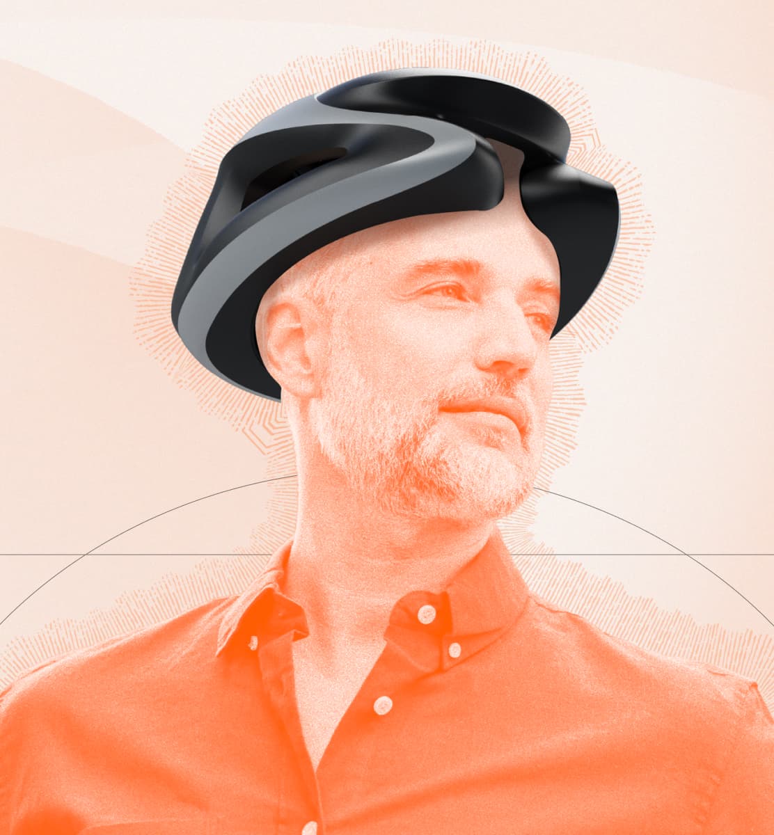 Man wearing an Anthriq EEG headset, in the brand's orange duotone style