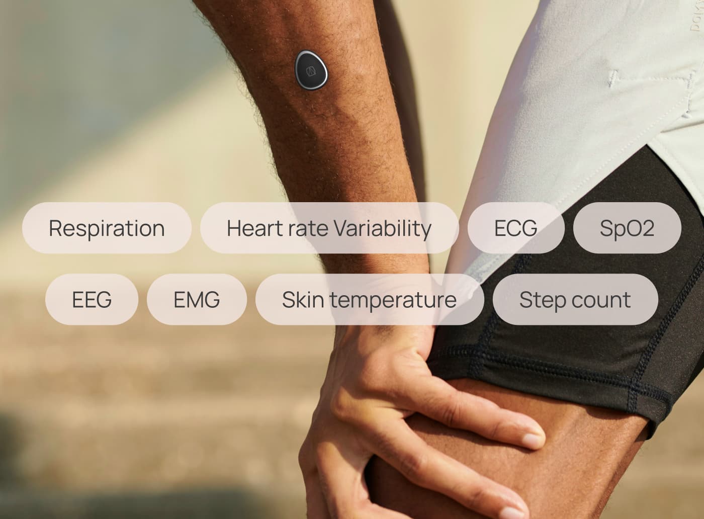 Wrist sensor on a forearm with the biosignals it reads: respiration, heart rate variability, ECG, SpO2, EEG, EMG, skin temperature, step count