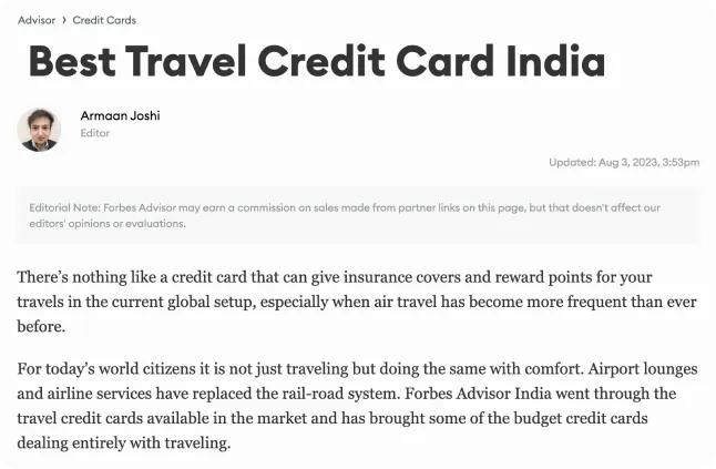 Best travel credit card of India