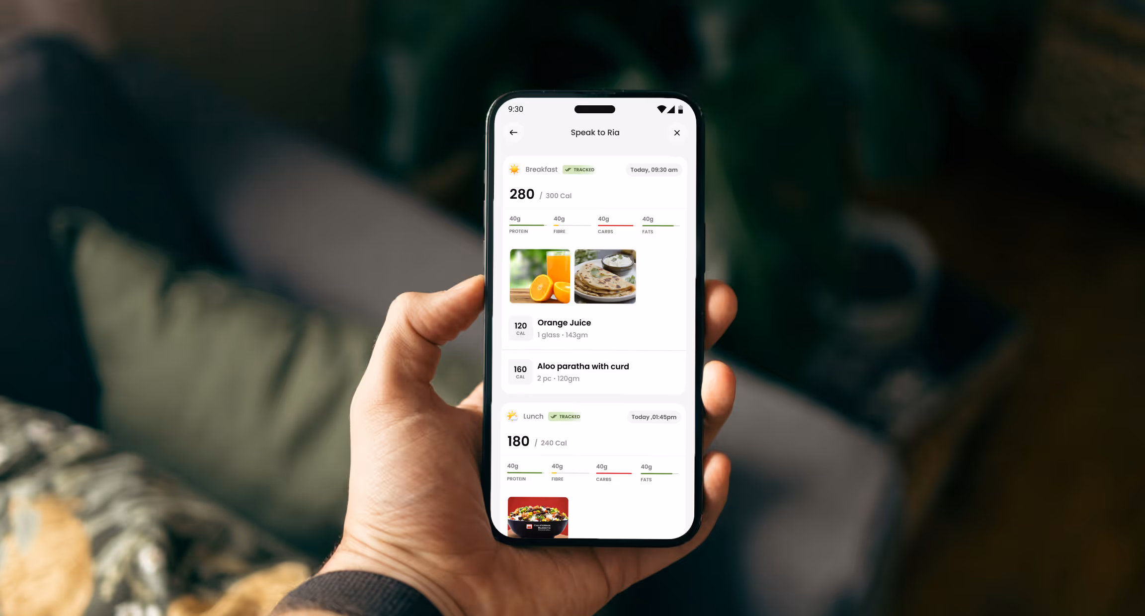 Hand holding a phone with the Healthify food log
