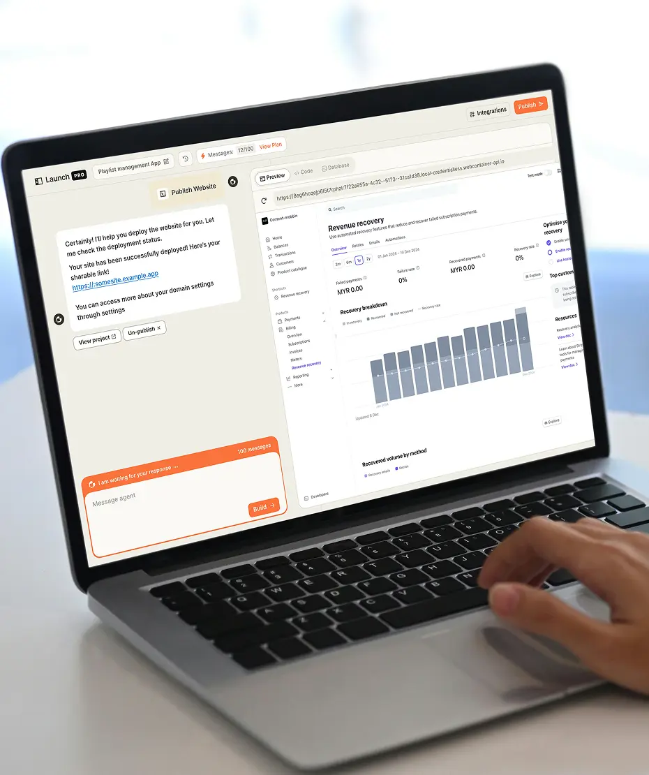 Launch.Today app on a laptop: AI chat beside a live app preview