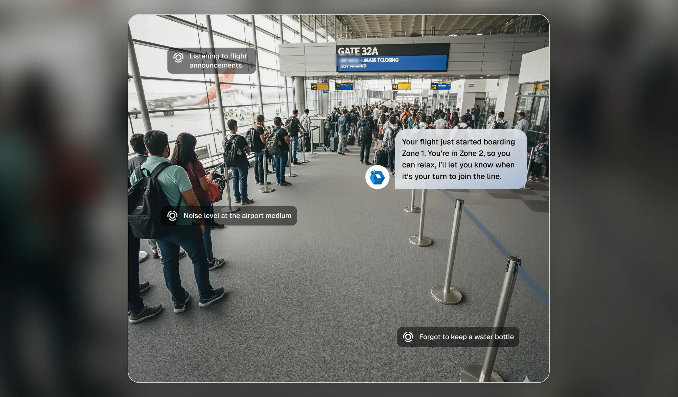 AI glasses view at an airport gate: boarding reminder overlay