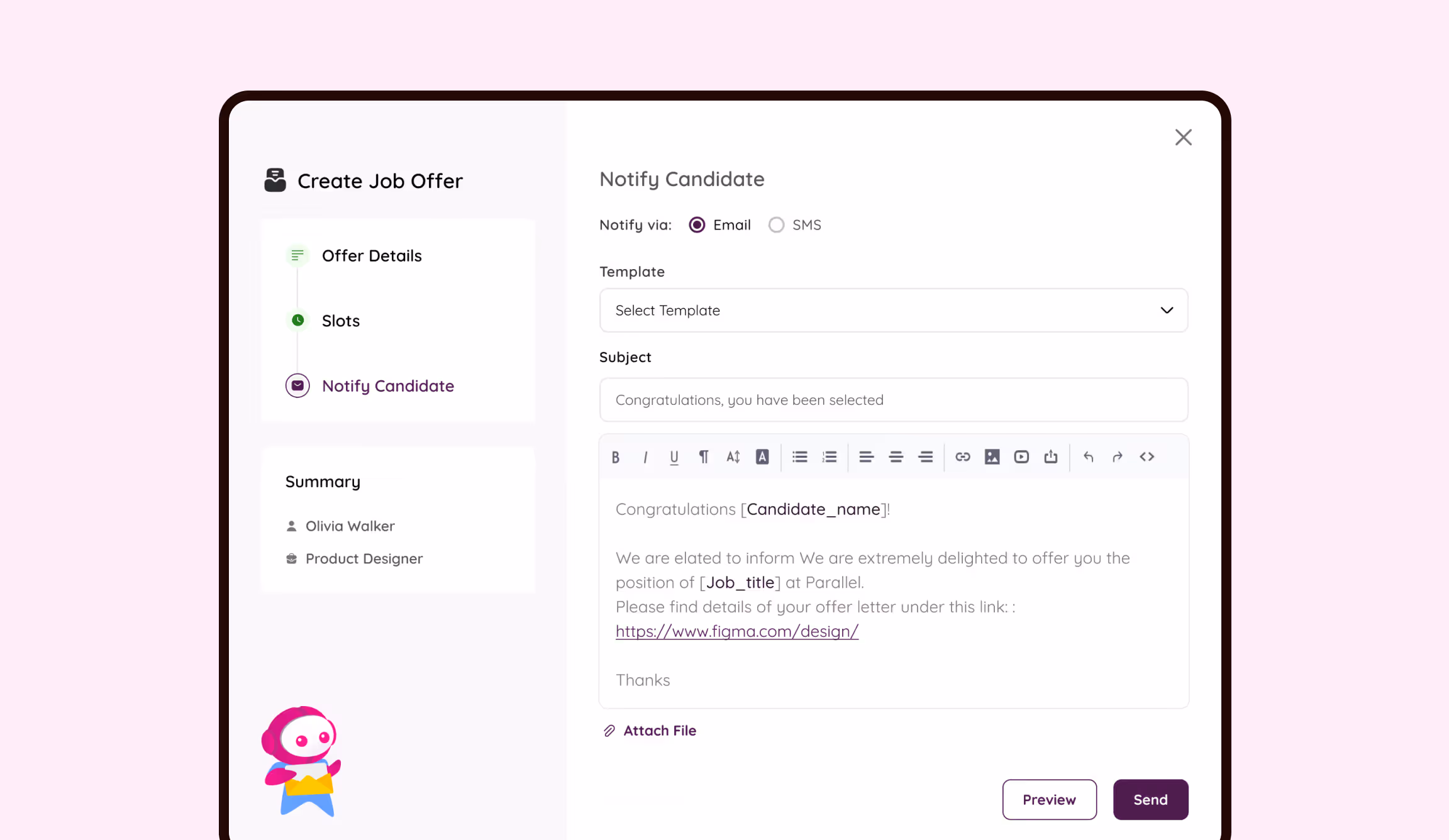 Create job offer: notify candidate
