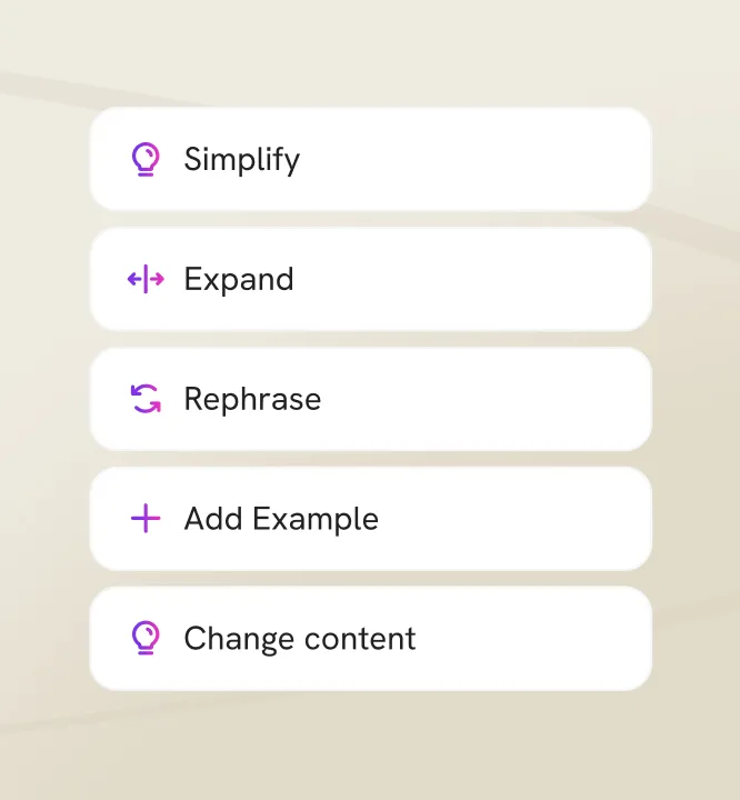 AI writing actions: simplify, expand, rephrase, add example, change content