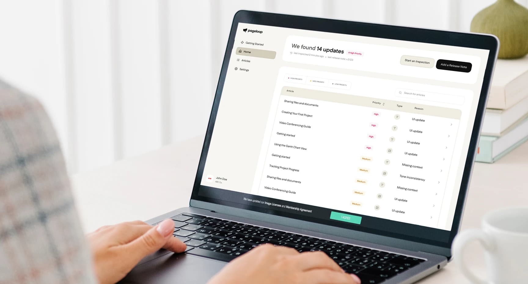 Pageloop dashboard on a laptop: 14 docs to update