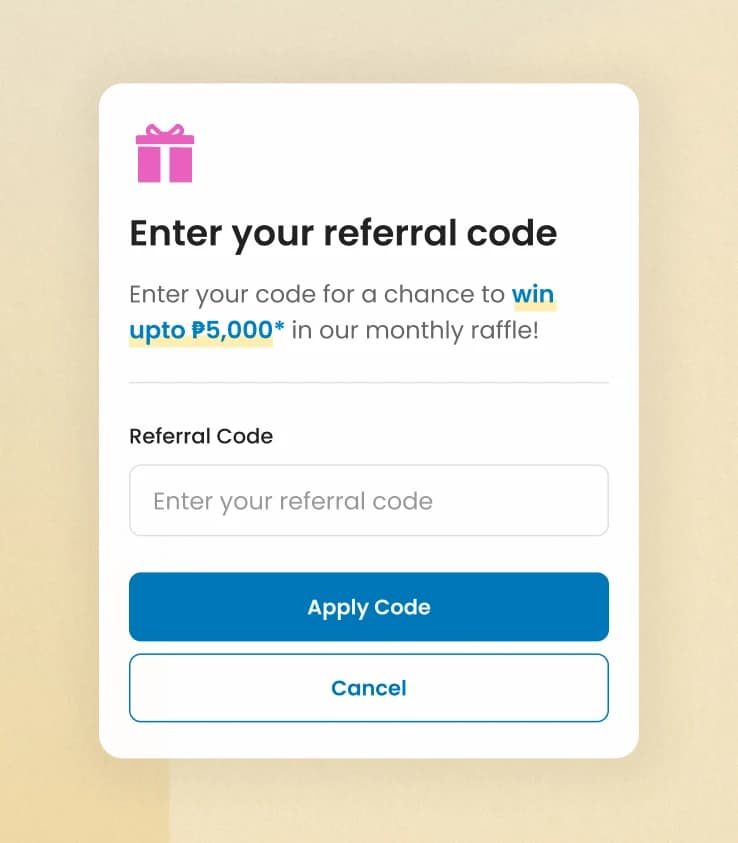 Enter your referral code screen