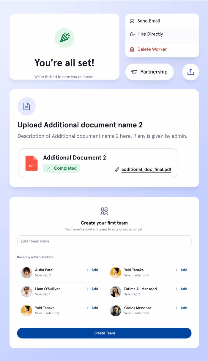 Sequifi components: success, upload and team screens