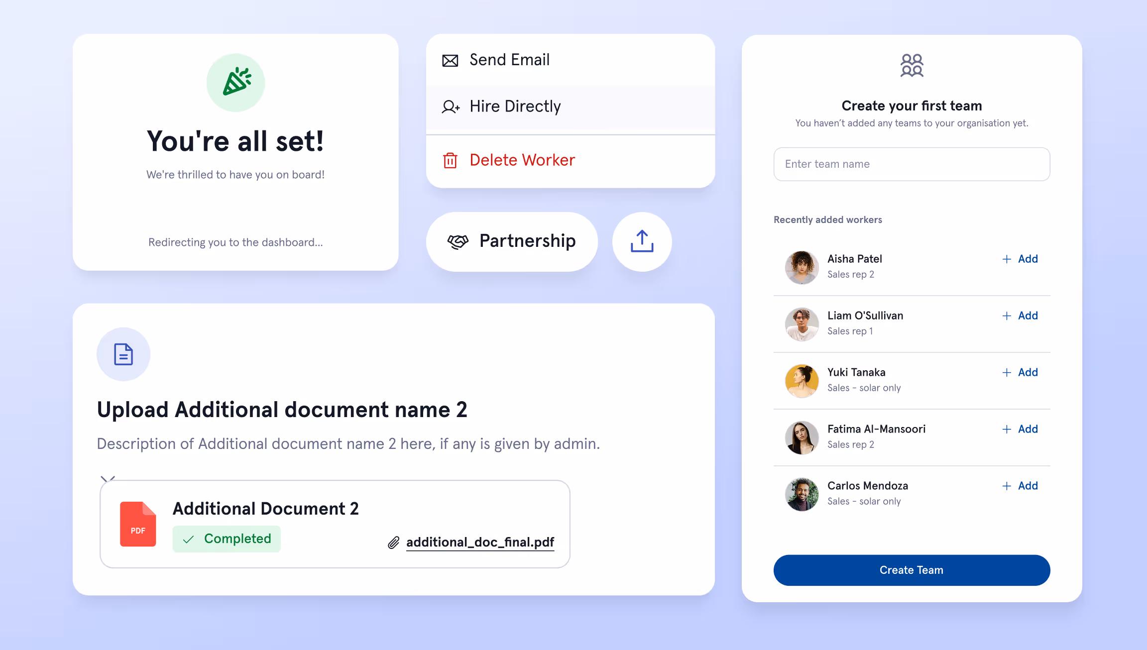 Sequifi components: success, upload and team screens