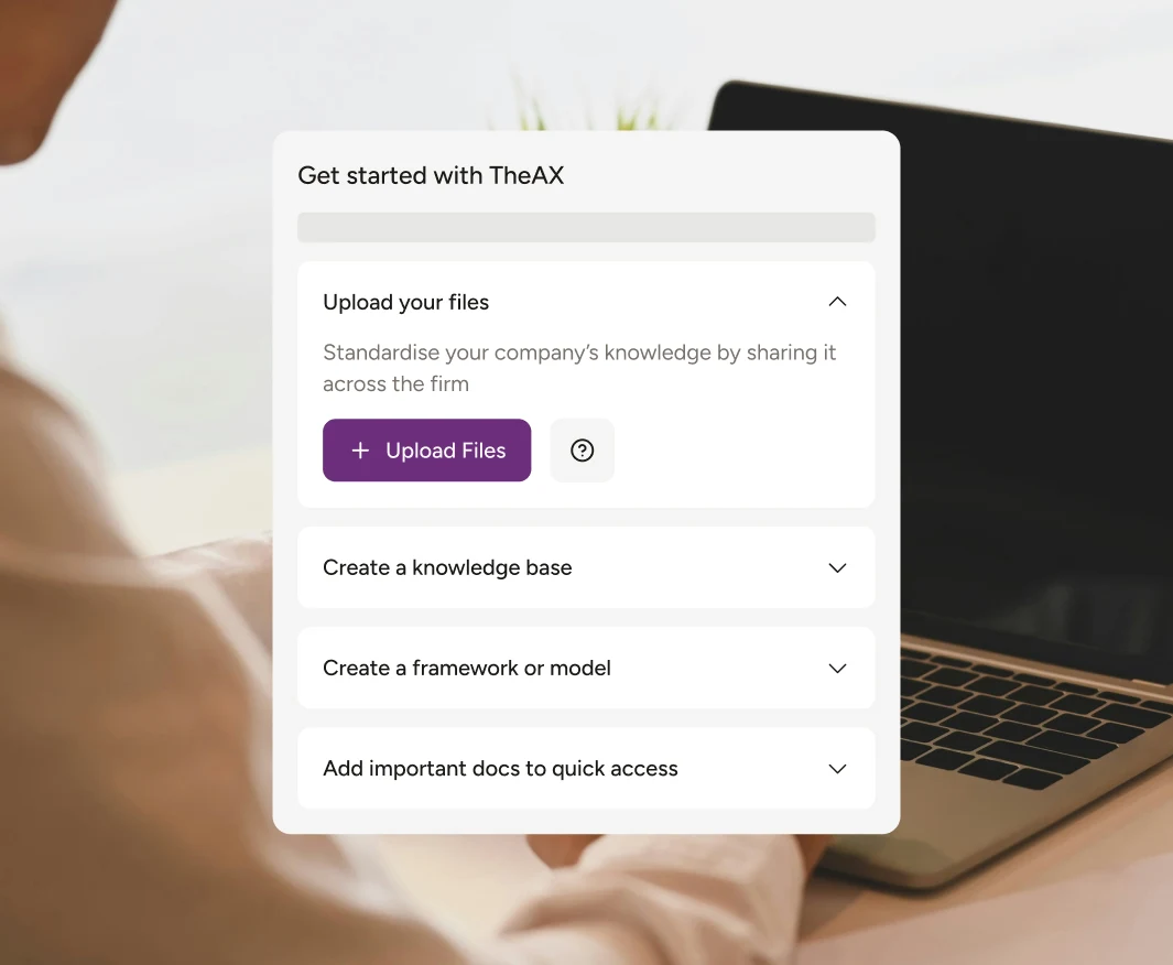 TheAX.ai onboarding checklist for uploading a firm’s knowledge