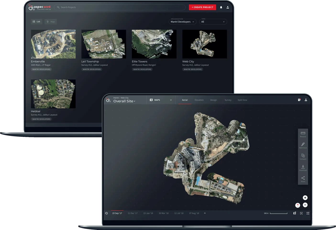 Vimana project list and 3D site map
