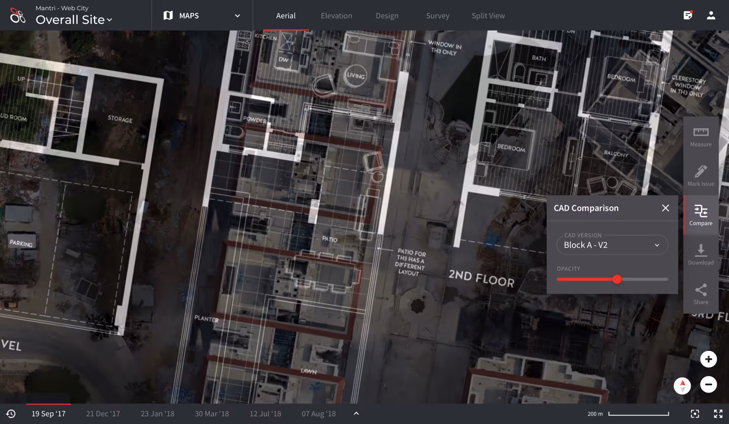 CAD comparison overlaid on the aerial view